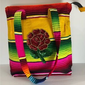 Serape tote bag with sequin red rose